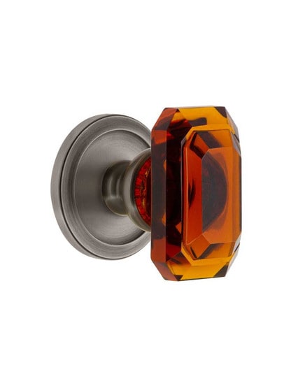 Grandeur Circulaire Rosette Door Set with Amber Crystal-Glass Baguette Knobs in Antique Pewter.